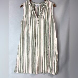 Liz Claiborne 2X Linen Blend Shift V-Neck Green and Pink Striped Mini Dress
